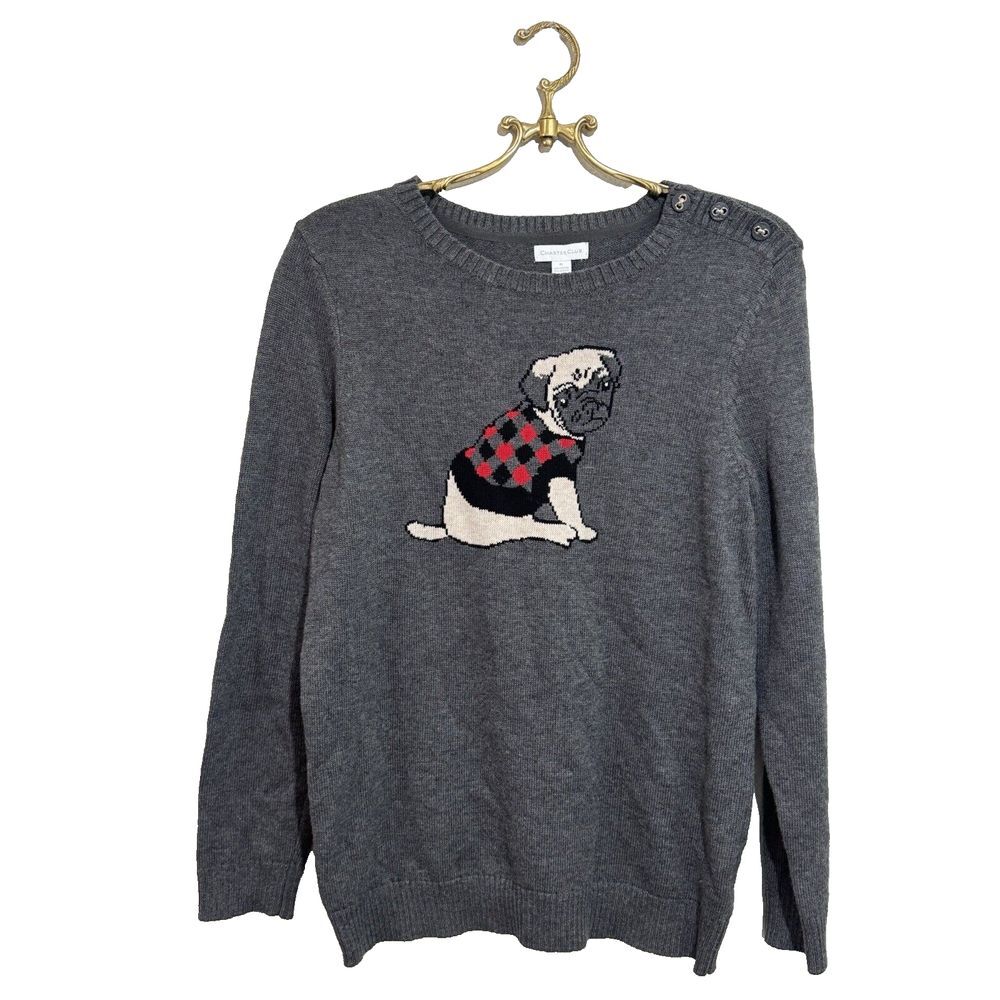 Charter Club Women's Cotton‎ Blend Pug Dog Gray Long Sleeve Sweater Size M